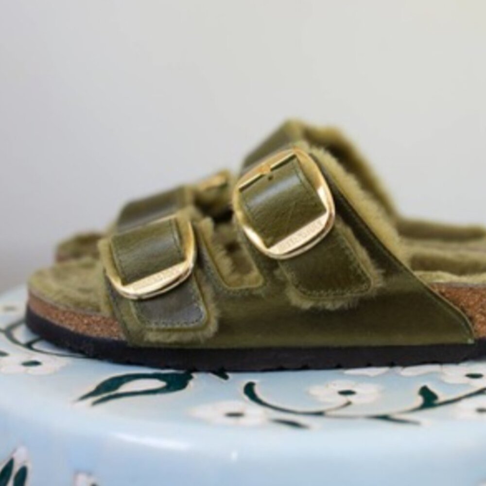 BIRKENSTOCK Arizona Big Buckle NWOT | Shearling Olive Green Oiled Leather, EU 38